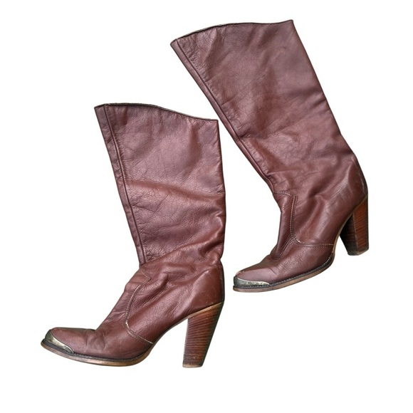 Vintage Zodiac Leather Boots Brown Heel 70s Country Cowboy - Picture 2 of 6